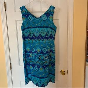 Blue, green & yellow print sleeveless dress.